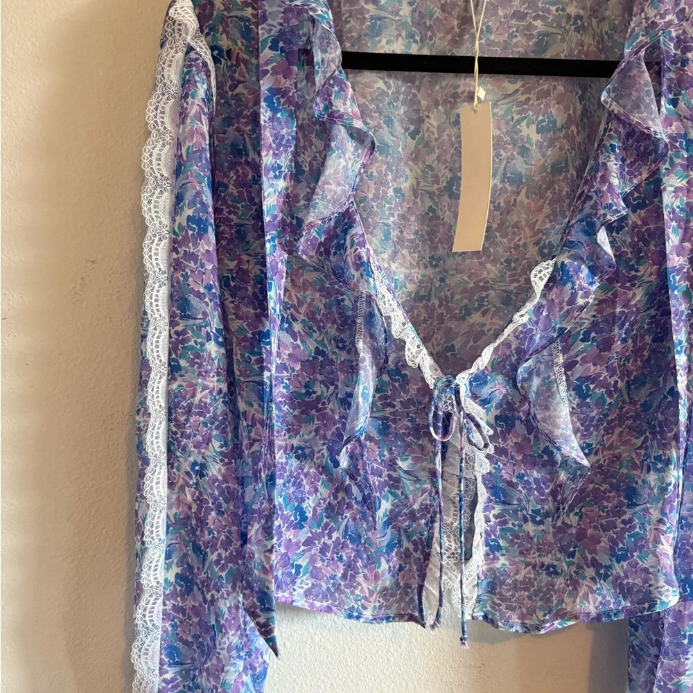 For Love And Lemons Purple Floral Sheer Blouse - Picture 4 of 4